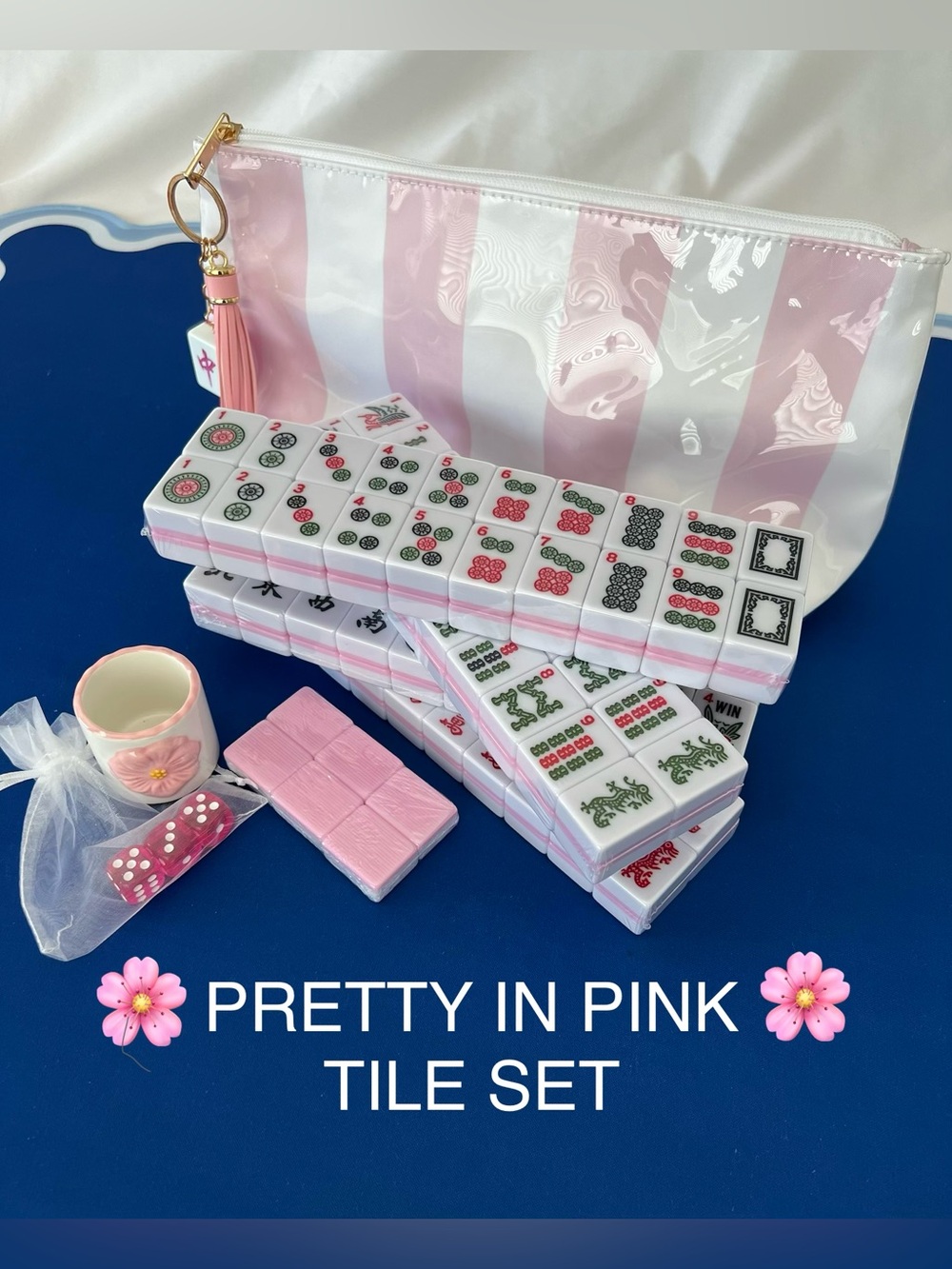 🌸 PRETTY IN PINK 🌸 MAHJONG TILE SET with STRIPED BAG and DICE 🌸